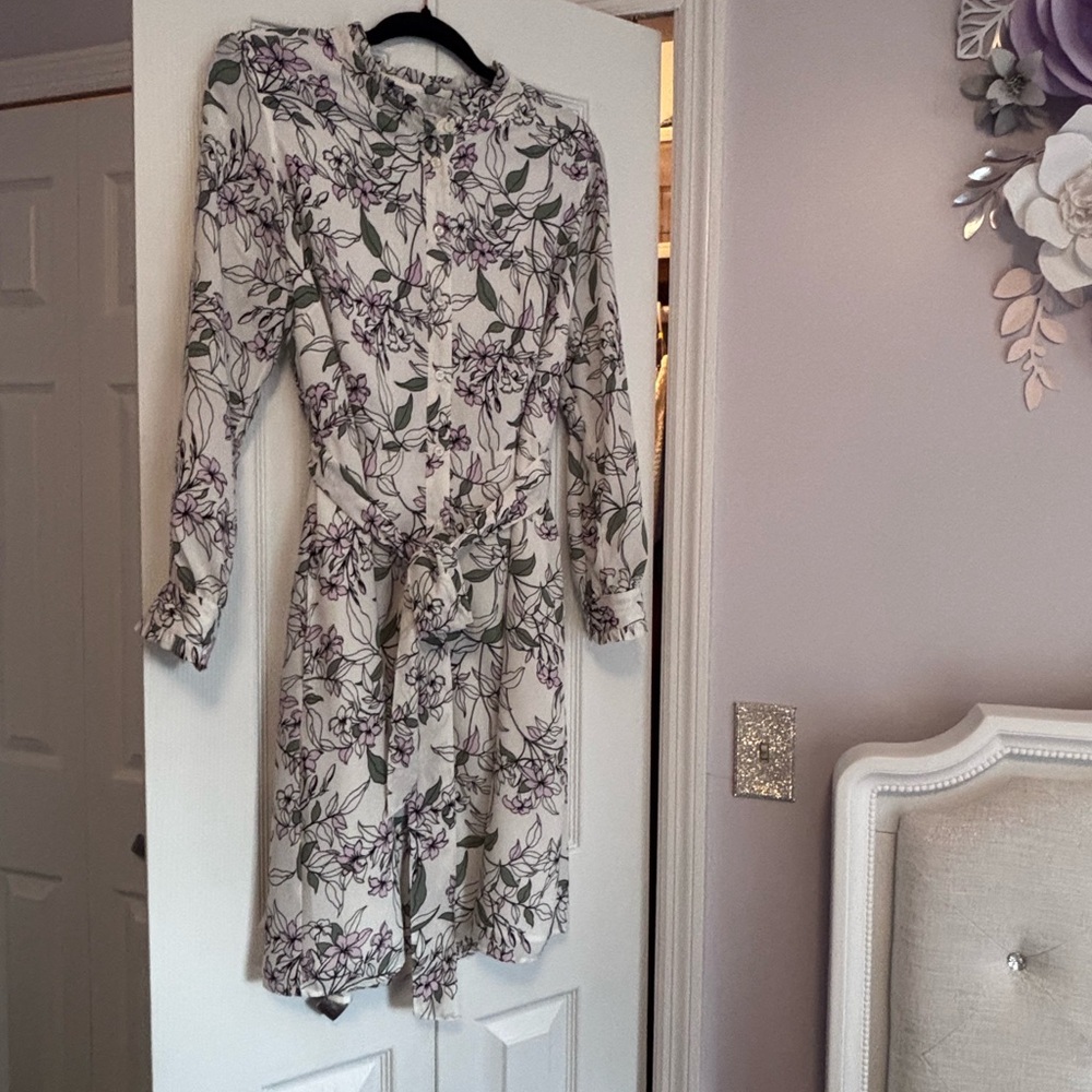 UNTUCKit Floral Print Button Down Shirt Dress- Size 16 -Tie Waist/Long Sleeve